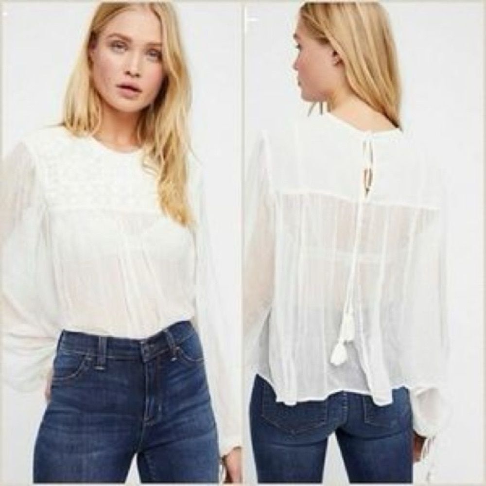 FREE PEOPLE Boho sheer embroidered ivory Blouse Size S